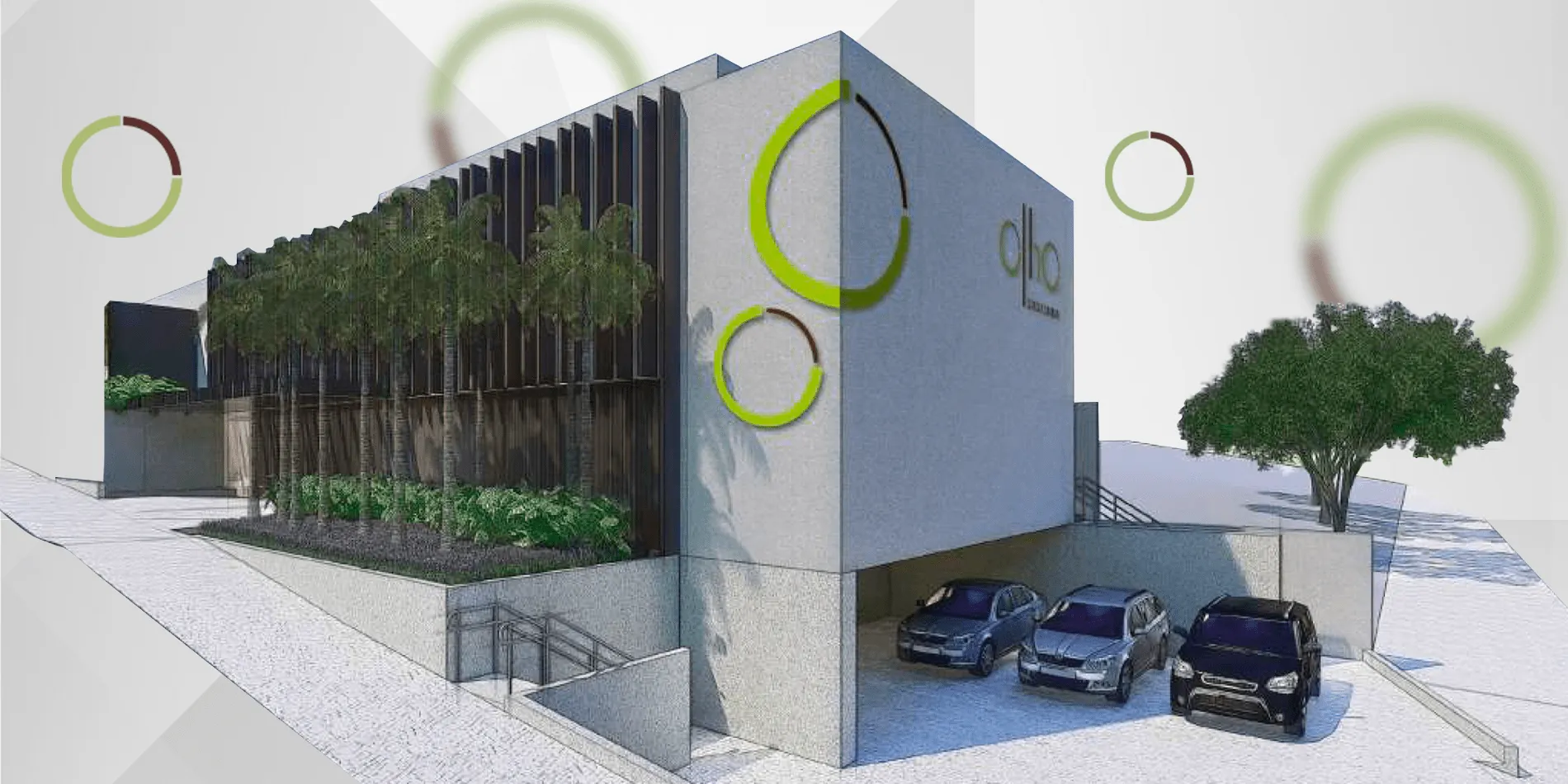 Projeção arquitetônica do prédio da Olho Clínica e Cirurgia: volume em concreto claro com brise de madeira, palmeiras na lateral e estacionamento coberto